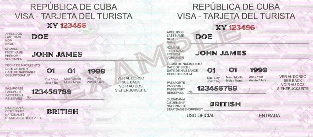 Pink Tourist Card Example - CUBA VISA UK